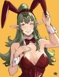  1girl aged_up alternate_costume bare_shoulders breasts english_commentary fire_emblem fire_emblem_awakening green_eyes green_hair highres large_breasts leotard long_hair looking_at_viewer one_eye_closed playboy_bunny pointy_ears ponytail red_leotard sakuremi smile solo strapless strapless_leotard tiara tiki_(fire_emblem) wrist_cuffs 