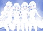  4girls ass_visible_through_thighs bangs blue_theme blunt_bangs blush bob_cut breasts closed_mouth commentary completely_nude delicious_party_precure flat_chest fuwa_kokone grin hair_ornament hair_ribbon hair_rings hanamichi_ran highres kasai_amane long_hair medium_hair miyagoe_yoshitsuki monochrome multiple_girls nagomi_yui navel nipples nude open_mouth outdoors precure pussy ribbon small_breasts smile spot_color wading water 