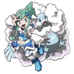  1girl :d altaria asymmetrical_hair blacknirrow blue_footwear blue_shorts boots earrings english_commentary full_body fur-trimmed_footwear fur_collar hair_ornament jewelry leg_up lisia_(pokemon) long_hair mega_altaria mega_pokemon navel open_mouth overskirt pokemon pokemon_(creature) pokemon_(game) pokemon_oras ponytail shorts simple_background single_thighhigh smile striped striped_thighhighs thighhighs white_background zettai_ryouiki 