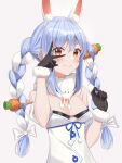  1girl animal_ear_fluff animal_ears bangs bare_shoulders black_bra black_gloves blue_hair blush bow bra braid breasts carrot_hair_ornament closed_mouth commentary detached_sleeves enpik food-themed_hair_ornament gloves hair_ornament highres hololive long_hair looking_at_viewer multicolored_hair orange_eyes rabbit_ears rabbit_girl scarf shirt simple_background smile solo standing thick_eyebrows twin_braids twintails two-tone_hair underwear upper_body usada_pekora v virtual_youtuber white_background white_bow white_hair white_scarf white_shirt 