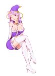  19670615t 1girl bare_shoulders breasts celine_jules cleavage closed_mouth earrings elbow_gloves full_body gloves hat highres jewelry long_hair looking_at_viewer one_eye_closed purple_hair simple_background skirt smile solo star_ocean star_ocean_the_second_story thighhighs white_background 