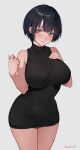  1girl absurdres bangs black_dress black_hair blue_background blue_eyes blush breasts dress highres large_breasts looking_at_viewer original paid_reward_available short_hair simple_background sleeveless sleeveless_dress smile solo sooon 