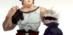  2boys asta_(black_clover) black_bull_(emblem) black_clover black_hair black_headband cigarette facial_hair grey_hair headband headpat highres himaeart holding holding_cigarette multiple_boys muscular muscular_male size_difference stubble tank_top torn_capelet white_background white_tank_top yami_sukehiro 