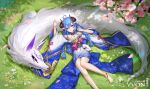  1girl absurdres ahoge arm_up bangs bare_shoulders barefoot black_sclera blue_hair blush braid breasts cleavage colored_sclera curled_horns flower grass hair_between_eyes hair_flower hair_ornament hand_up highres holding horns japanese_clothes kindred_(league_of_legends) lamb_(league_of_legends) league_of_legends long_hair lying mask medium_breasts official_alternate_costume official_alternate_hairstyle on_back shiny shiny_hair smile spirit_blossom_(league_of_legends) spirit_blossom_kindred teeth twin_braids v-von white_flower wide_sleeves wolf_(league_of_legends) 