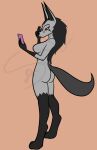  anthro black_nose butt female fur generation_3_pokemon grey_body grey_fur hi_res mightyena nintendo phone pink_phone pokemon pokemon_(species) red_eyes salandile solo video_games watermark 