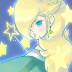  1girl bangs bare_shoulders blonde_hair blue_eyes blush closed_mouth earrings hair_over_one_eye hououji_arashi jewelry long_hair long_sleeves looking_at_viewer lowres mario_(series) medium_hair rosalina simple_background smile solo star_(symbol) star_earrings super_mario_galaxy super_mario_galaxy_2 upper_body 