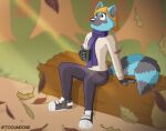  anthro beanie blue_body blue_eyes blue_fur bottomwear canid canine canis closed_smile clothed clothing denim denim_clothing digital_media_(artwork) footwear fur grey_body grey_fur hair hat headgear headwear hi_res holding_object hoodie jeans leaf male mammal mouth_closed outside pants plant procyonid purple_clothing raccoon raccoon_dog scarf shoes simple_background sitting smile sneakers solo steam sweater tooey tooundone topwear wolf zipper 