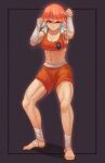  1girl abs ankle_wrap barefoot black_shorts boxers breasts brown_background clenched_hands commentary earrings english_commentary fighting_stance foot_wraps full_body gift_art hand_wraps highres hololive hololive_english jewelry kickboxing male_underwear midriff muay_thai muscular muscular_female navel obliques purple_eyes red_eyes seraziel shorts simple_background takanashi_kiara toes underwear virtual_youtuber 