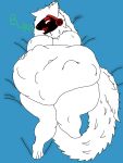  bed belly big_belly breasts burping female female_pred fluffy fluffy_tail fur furniture hi_res machine maxala novax nude on_bed protogen protogen_visor red_eyes soft_vore solo thick_thighs vore white_body white_fur 