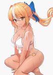  1girl ass bikini blonde_hair blue_bow bow breasts cleavage dark-skinned_female dark_skin elf hair_bow halterneck highres hololive long_hair looking_at_viewer medium_breasts motoraku multicolored_hair o-ring o-ring_bikini orange_eyes parted_lips pointy_ears ponytail see-through see-through_cleavage see-through_shirt shiranui_flare smile solo streaked_hair string_bikini swimsuit virtual_youtuber white_bikini 