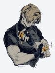  1boy black_gloves black_shirt blonde_hair fingerless_gloves fune_(nkjrs12) gloves grey_background hair_over_one_eye highres leon_s._kennedy looking_at_viewer male_focus muscular muscular_male resident_evil resident_evil_4 resident_evil_4_(remake) shirt short_hair short_sleeves solo sparkle tight tight_shirt twitter_username upper_body 
