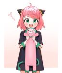  1girl :d absurdres ahoge anya_(spy_x_family) blush child cone_hair_bun female_child green_eyes hair_bun heart highres holding holding_stuffed_toy kumaartsu looking_at_viewer open_mouth pink_hair smile solo spy_x_family standing stuffed_animal stuffed_toy 