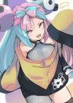  1girl absurdres bow-shaped_hair character_hair_ornament dyson_(edaokunnsaikouya) grey_pantyhose hair_ornament hexagon_print highres iono_(pokemon) jacket long_hair low-tied_long_hair oversized_clothes pantyhose pokemon pokemon_(game) pokemon_sv sharp_teeth single_leg_pantyhose sleeves_past_fingers sleeves_past_wrists solo symbol_in_eye teeth very_long_sleeves x yellow_jacket 