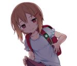  1girl backpack bag crime_prevention_buzzer empty_eyes lifted_by_self miyao_ryuu original out-of-frame_censoring randoseru shirt solo white_background white_shirt 