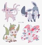  bright_pupils brown_eyes closed_mouth espeon glaceon highres leafeon looking_at_viewer looking_down no_humans oharu-chan pokemon pokemon_(creature) purple_eyes ribbon simple_background sitting smile standing sylveon white_background white_pupils 