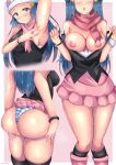  absurdres armpits ass ayannon_yumme black_socks blue_eyes blue_hair breasts dawn_(pokemon) head_out_of_frame highres large_breasts long_hair miniskirt nipples panties pink_footwear pokemon scarf skirt sleeveless socks spanish_commentary striped striped_panties thick_thighs thighs underwear 