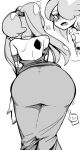 ass ass_focus back bare_shoulders blush detached_sleeves disembodied_limb dress english_commentary english_text from_behind hair_over_one_eye hole_on_body inarou_(rakugakiproject) index_finger_raised long_hair looking_at_viewer looking_back monochrome multiple_views simple_background skullgirls squigly_(skullgirls) stitched_mouth stitches striped_sleeves twintails white_background 