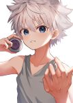  1boy bare_shoulders blue_eyes commentary commentary_request grey_shirt hair_between_eyes highres hunter_x_hunter killua_zoldyck looking_at_viewer male_child male_focus pentagram shirt short_hair simple_background solo spiked_hair tank_top teeth usami_(usami_l) white_hair yo-yo 