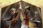  2boys asta_(black_clover) black_capelet black_clover black_hair black_headband cape capelet green_eyes grey_hair headband himaeart holding holding_hands holding_sword holding_weapon messy_hair multiple_boys spiked_hair sword tornado uniform weapon wind yellow_capelet yellow_eyes yuno_(black_clover) 