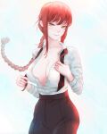  1girl bangs black_necktie blush braid braided_ponytail breasts chainsaw_man collared_shirt highres large_breasts long_hair looking_at_viewer makima_(chainsaw_man) mcdobo necktie no_bra partially_unbuttoned red_hair ringed_eyes shirt solo white_background yellow_eyes 