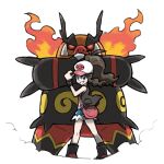  1girl antenna_hair bag bare_shoulders baseball_cap black_vest blacknirrow blue_eyes blue_shorts brown_hair cutoffs emboar english_commentary fire hand_on_headwear hand_up handbag hat hilda_(pokemon) legs_apart long_hair open_clothes open_vest pink_bag pink_headwear pokemon pokemon_(creature) pokemon_(game) pokemon_bw ponytail shorts simple_background smile standing two-tone_headwear vest white_background white_headwear wide_ponytail xtransceiver 