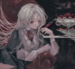  1girl ascot black_nails c_cand1e chair food fruit fruit_bowl highres long_hair long_sleeves original pointy_ears red_ascot red_eyes smoke very_long_hair white_hair 