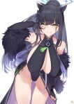  1girl animal_ears ass_visible_through_thighs bare_shoulders black_hair blue_archive blush breasts cleavage coat collarbone feather_boa fur fur-trimmed_coat fur-trimmed_jacket fur-trimmed_sleeves fur_collar fur_trim gloves green_eyes highleg highres jacket keyfanjun large_breasts leaning_forward long_hair looking_at_viewer shun_(blue_archive) simple_background smile solo thighs white_background 