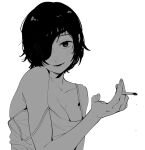  1girl black_hair breasts chainsaw_man cigarette cleavage eyepatch greyscale head_tilt highres himeno_(chainsaw_man) holding holding_cigarette looking_at_viewer medium_breasts monochrome off_shoulder short_hair simple_background smile solo tank_top ten_ten_10_10 white_background 