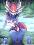 absurd_res anthro blue_body breasts cinderace day duo english_text female first_person_view generation_4_pokemon generation_8_pokemon genitals handjob hi_res looking_at_viewer male male/female male_pov nintendo nipples outside penile penis pokemon pokemon_(species) qlq_japy riolu sex text video_games white_body 