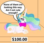  2014 barcode bow_tie crown cutie_mark dialogue digital_media_(artwork) english_text equid equine expensive feathered_wings feathers female feral for_sale friendship_is_magic frown hair hasbro horn horse lying mammal multicolored_hair my_little_pony on_front open_mouth pony price_tag princess_celestia_(mlp) purple_eyes sad self-conscious sign solo speech_bubble text vincentthecrow white_body white_feathers winged_unicorn wings 