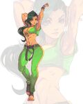  1girl arms_up belt bracelet breasts cleavage dark-skinned_female dark_green_hair dark_skin edwin_huang front-tie_top full_body green_pants jewelry large_breasts laura_matsuda long_hair pants solo street_fighter 