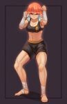  1girl abs ankle_wrap barefoot black_shorts boxers breasts brown_background clenched_hands commentary earrings english_commentary fighting_stance foot_wraps full_body gift_art hand_wraps highres hololive hololive_english jewelry kickboxing male_underwear midriff muay_thai muscular muscular_female navel obliques purple_eyes red_eyes seraziel shorts simple_background takanashi_kiara toes underwear virtual_youtuber 