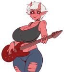  absurd_res big_breasts black_sclera bottomwear bracelet breasts clothing collar demon denim denim_clothing female guitar hair hi_res holding_guitar huge_breasts humanoid humanoid_pointy_ears jeans jewelry midriff musical_instrument pants pink_body pink_skin plucked_string_instrument shirt short_hair simple_background skidd spiked_bracelet spiked_collar spikes standing string_instrument tank_top tongue tongue_out topwear torn_bottomwear torn_clothing torn_jeans torn_pants white_background white_hair 