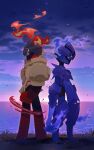  armarouge ceruledge cloud commentary_request eye_trail fire from_side grass highres hsin light_trail outdoors pokemon purple_eyes red_eyes sky standing 