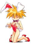 1990s_(style) 1girl animal_ears blonde_hair blush bow bowtie constricted_pupils fake_animal_ears fake_tail flat_chest full_body high_heels keiou_yuugekitai kneeling leotard nanahikari_rami nipple_slip nipples non-web_source nose_blush official_art playboy_bunny rabbit_ears rabbit_tail red_footwear red_leotard retro_artstyle short_hair simple_background solo strapless strapless_leotard sweat tail undersized_breast_cup white_background wrist_cuffs 
