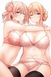  2girls ;) black_thighhighs blush bra breasts cleavage closed_mouth commentary cowboy_shot curvy floral_print garter_belt garter_straps hair_between_eyes hair_bun hug lace-trimmed_bra lace-trimmed_legwear lace_trim large_breasts looking_at_viewer mature_female medium_hair mother_and_daughter multiple_girls navel one_eye_closed orange_eyes orange_hair paid_reward_available panties pink_bra pink_eyes pink_hair pink_panties print_bra print_panties purple_bra purple_panties red_hayao short_hair sidelocks simple_background single_side_bun sitting smile stomach thighhighs underwear underwear_only white_background yahari_ore_no_seishun_lovecome_wa_machigatteiru. yuigahama_yui yuigahama_yui&#039;s_mother 