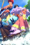  1boy 2girls creature dark-skinned_female dark_skin dress echo_(circa) farah_oersted full_body gloves green_hair long_hair meredy_(tales) midriff multiple_girls open_mouth purple_eyes purple_hair reid_hershel short_hair tales_of_(series) tales_of_eternia tree twintails water 