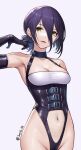  1girl arm_up armpits bare_shoulders belt black_gloves breasts chainsaw_man cleavage clothing_cutout corset elbow_gloves gloves green_eyes groin hair_between_eyes halterneck highleg highres jurrig looking_at_viewer medium_breasts navel parted_lips reze_(chainsaw_man) simple_background smile solo stomach twitter_username white_background 