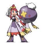  1girl :d alternate_costume blacknirrow blue_eyes boots cosplay dress drifblim drifblim_(cosplay) english_commentary full_body gloves hair_bun hand_up high_heel_boots high_heels knee_boots legs_apart long_hair open_mouth pokemon pokemon_(creature) pokemon_(game) pokemon_bw purple_dress purple_footwear purple_sash red_hair round_teeth sash simple_background single_hair_bun skyla_(pokemon) smile standing teeth upper_teeth white_background white_gloves 