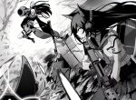  3girls absurdres animal_ears assault_rifle bag bangs battle blue_archive fox_ears fox_girl fox_mask fox_tail greyscale gun hair_between_eyes hair_ornament halo headset highres holding holding_gun holding_weapon japanese_clothes long_hair long_sleeves looking_at_another maaki12 mask monochrome multiple_girls nico_(blue_archive) out_of_frame pleated_skirt rifle rocket_launcher school_bag school_uniform serafuku sidelocks skirt tail wakamo_(blue_archive) weapon yukino_(blue_archive) 
