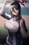  1girl absurdres arm_up bangs black_choker black_hair black_wings blue_archive blue_jacket blurry blurry_background blush breasts choker closed_mouth collarbone feathered_wings gym_uniform hair_between_eyes halo hand_up hasumi_(blue_archive) hasumi_(gym_uniform)_(blue_archive) high_ponytail highres holding jacket large_breasts long_hair looking_at_viewer low_wings mole mole_under_eye multicolored_clothes multicolored_jacket official_alternate_costume outdoors partially_unzipped ponytail rain red_eyes see-through shirt sidelocks sleeves_rolled_up smile solo torrentduck track_and_field track_jacket two-tone_jacket upper_body wet wet_clothes white_shirt wings zipper_pull_tab 