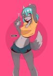  &lt;3 2022 4_fingers anthro black_nose bottomwear breasts canid canine canis clothing eyebrow_through_hair eyebrows fangs female fingers hair heimaru hi_res looking_at_viewer mammal medium_breasts midriff navel pink_background red_eyes shirt shorts simple_background smile solo standing t-shirt teal_hair tongueout topwear translucent translucent_hair wolf 