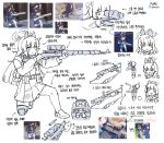  1girl aiming arrow_(symbol) bangs binoculars blue_archive blunt_bangs closed_eyes flukhan game_screenshot gun halo highres holding holding_gun holding_weapon knee_pads korean_text leaf leaf_on_head long_hair long_sleeves miyu_(blue_archive) multiple_views one_knee pleated_skirt reference_inset school_uniform simple_background single_knee_pad skirt translation_request twitter_username weapon white_background 