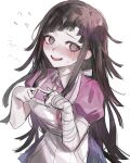  1girl apron bandaged_arm bandages bangs black_hair blush breasts commentary_request danganronpa_(series) danganronpa_2:_goodbye_despair flying_sweatdrops grey_eyes highres index_fingers_together long_hair looking_at_viewer messy_hair nose_blush open_mouth pink_shirt puffy_short_sleeves puffy_sleeves shirt short_sleeves simple_background solo sweat tsumiki_mikan white_apron white_background zaso 