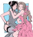  2girls aerith_gainsborough alternate_color animal_print aruhino bangs bare_arms black_hair blue_background blush border bracelet breasts brown_hair china_dress chinese_clothes cleavage cleavage_cutout closed_eyes clothing_cutout cowboy_shot double_bun dress facing_viewer final_fantasy final_fantasy_vii final_fantasy_vii_remake flamenco_dress flower grey_dress grey_thighhighs hair_bun hair_flower hair_ornament hair_ribbon hand_on_another&#039;s_hip hand_on_another&#039;s_shoulder hand_on_hip jewelry kelvin large_breasts long_hair looking_at_viewer medium_breasts multiple_girls official_alternate_costume one_eye_closed parted_bangs pink_dress pink_flower pink_ribbon print_dress red_eyes ribbon ringlets short_sleeves side_slit sidelocks smile strapless strapless_dress swept_bangs thighhighs tifa_lockhart tongue tongue_out 