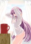  1girl arms_behind_head arms_up ass bangs breasts cup curtains feet_out_of_frame hair_over_one_eye highres indoors jitsu_wa_watashi_wa large_breasts long_hair looking_at_viewer masuda_eiji mole mole_under_eye mug official_art parted_bangs parted_lips profile purple_eyes purple_hair shirt shishido_shiho smile solo standing thighs very_long_hair white_shirt 