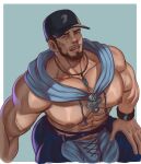  1boy abs absurdres avatar_(ff14) bara baseball_cap beard blue_eyes blue_pants bracelet brown_hair facial_hair final_fantasy final_fantasy_xiv hat highres hyur jewelry koji_henrik large_pectorals male_focus muscular muscular_male necklace nipples open_mouth pants pectorals scar scar_across_eye scar_on_face short_hair solo 