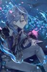  1boy armor bangs black_gloves blue_flower blue_hair cherry_blossoms flower genshin_impact gloves grass hair_between_eyes highres holding japanese_armor japanese_clothes kamisato_ayato long_sleeves male_focus night outdoors petals purple_eyes sitting solo tassel vision_(genshin_impact) water zaso 