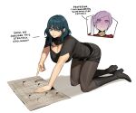  2girls adapted_costume bangs blue_hair blush breasts byleth_(fire_emblem) byleth_(fire_emblem)_(female) cleavage cleavage_cutout clothing_cutout edelgard_von_hresvelg female_pervert fire_emblem fire_emblem:_three_houses full_body highres kneeling large_breasts long_hair map medium_hair multiple_girls official_alternate_costume official_alternate_hairstyle on_floor on_ground pervert radiostarkiller smile yuri 