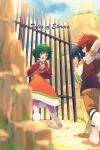  1girl 2boys :d aged_down blue_hair cloud dress echo_(circa) farah_oersted full_body keele_zeibel multiple_boys pantyhose red_hair reid_hershel smile tales_of_(series) tales_of_eternia 